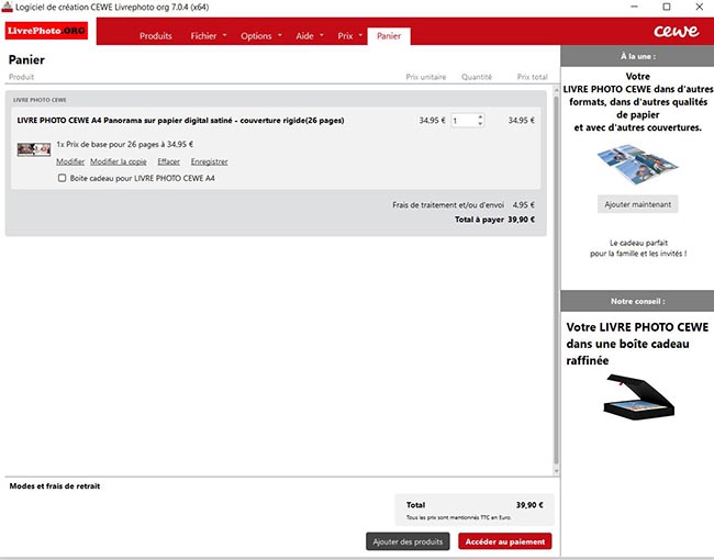 vérifier le panier dans le logiciel photo Cewe de livrephoto.org